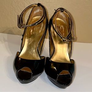 Black patent leather platform D’Orsay peep toe heels